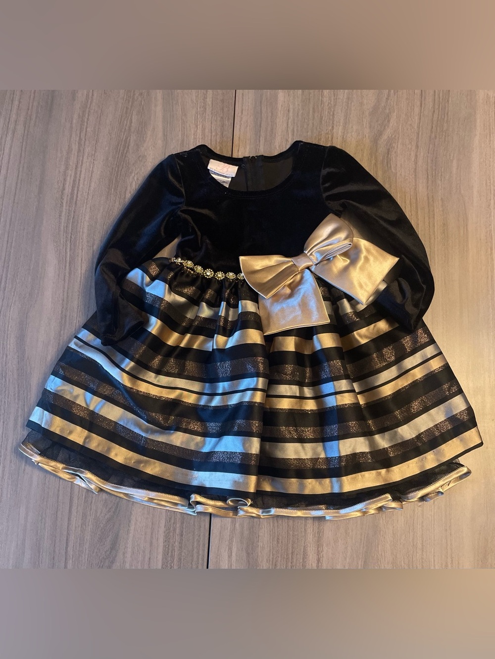 Bonnie Jean Toddler Girls Holiday Dress Black Velvet & Gold Metallic Stripes 2T